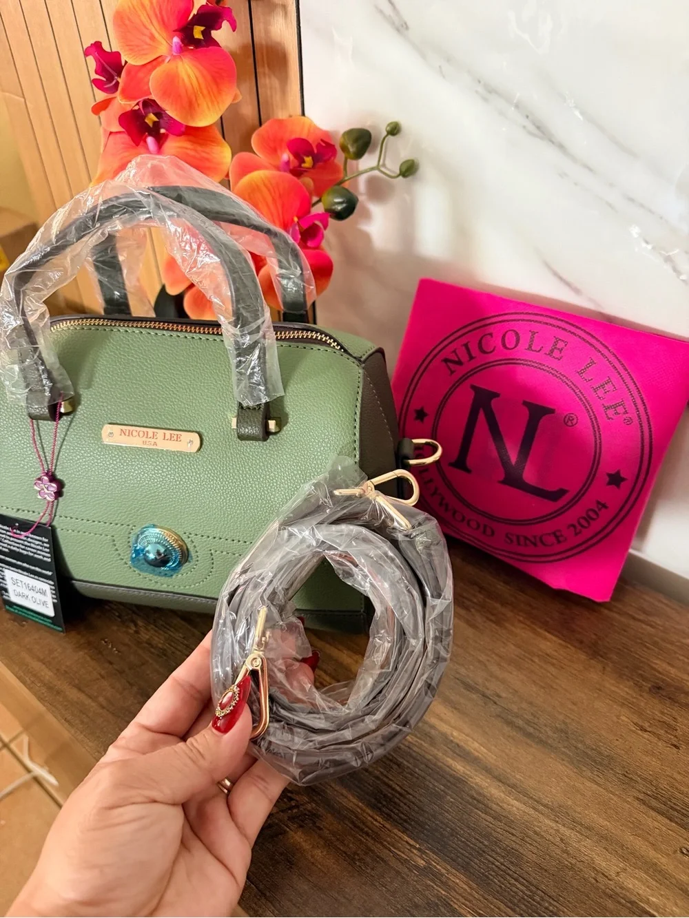 Nicole Lee Dark Olive Dome Satchel with Gold Accents